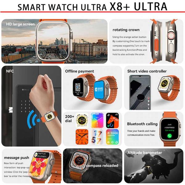 X8 PLUS ULTRA SMART WATCH SERIES 8 NFC 2.08 INCH ALWAYS-ON DISPLAY & WIRELESS CHARGING 49MM WITH WEARFIT PRO APP ORANGE - Image 2
