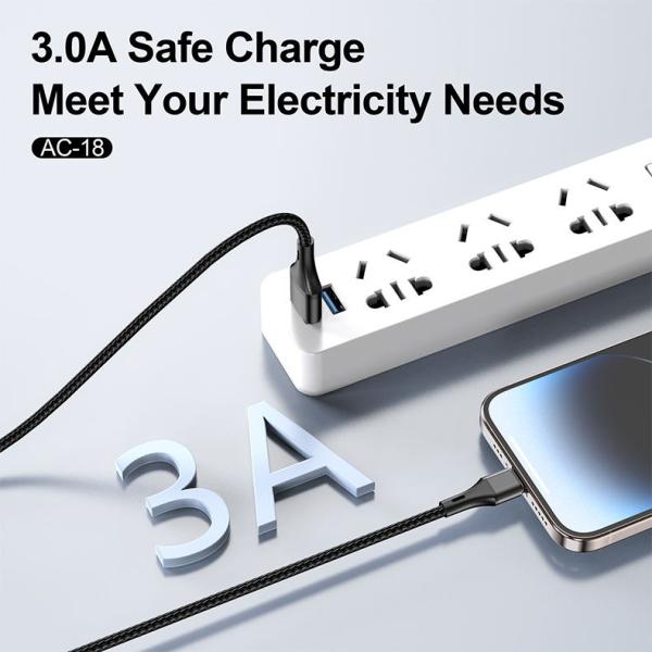 ASPOR AC-18 USB TO TYPE-C 3A SUPER FAST CHARGING NYLON BRAIDED CABLE 1M - Image 2