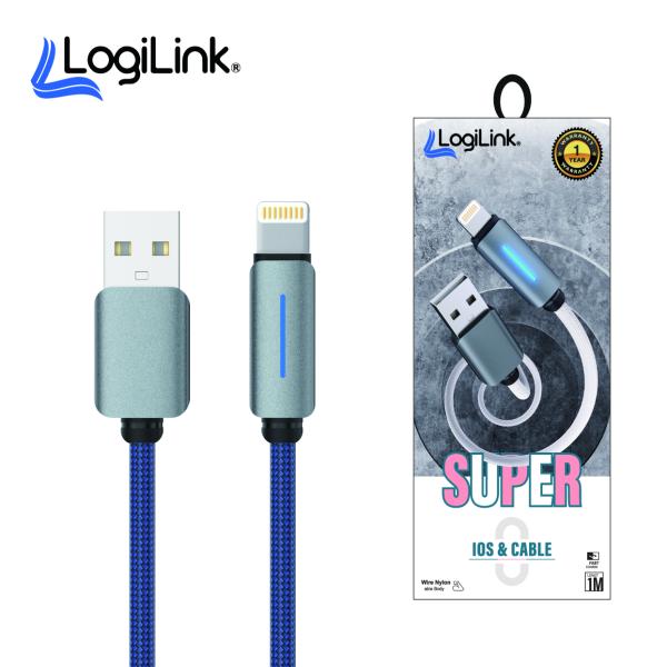 Logilink Usb To Lightning Nylon Fast Charging Data Cable With Light 1m (1 Year Warranty) Blue - Image 2