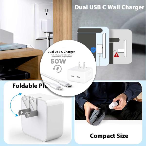 IPHONE 14 Pro 2 Pin (US PIN) 50W USB-C+C POWER Adapter With USB-C TO LIGHTINING CABLE - Image 3
