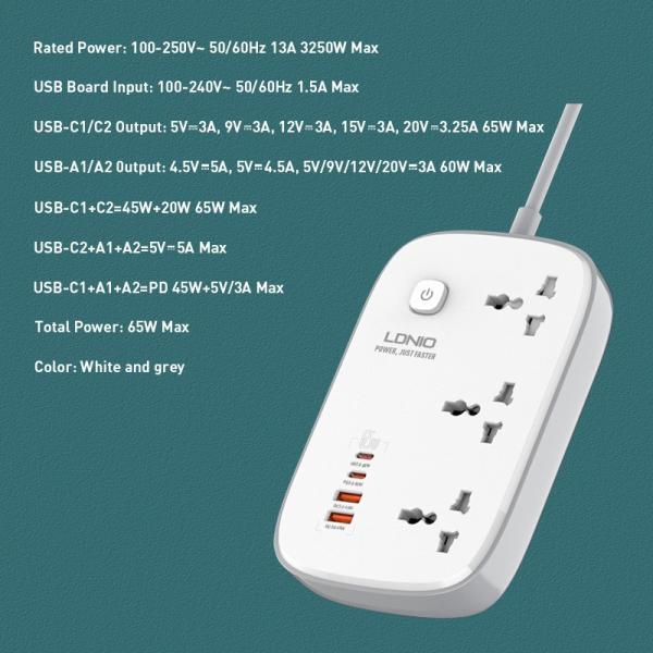 LDNIO SC6 45W GAN FAST CHARGING 3250W POWER EXTENSION 3 SOCKETS 2 USB-A + 2 USB-C 2M - Image 3