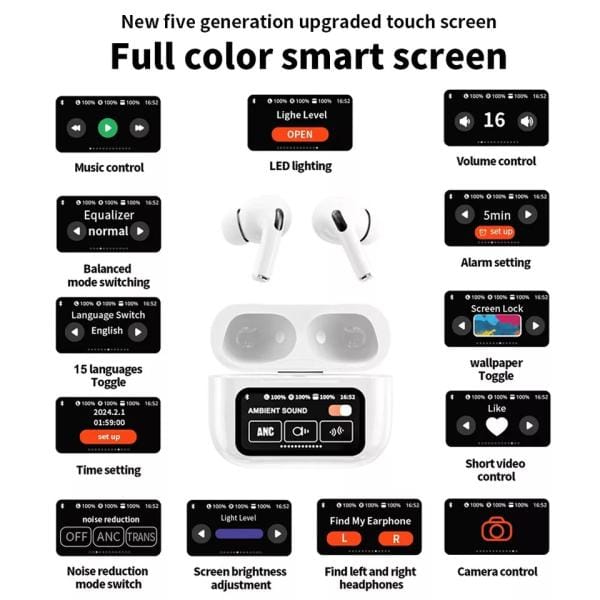 WHITE NEW A9 PRO APPLE AIRPODS ANC/ENC ZHONGKELQNXUN NOISE REDUCTION TOUCH CONTROL BLUETOOTH 5.4 WIRELESS EARBUDS - Image 4