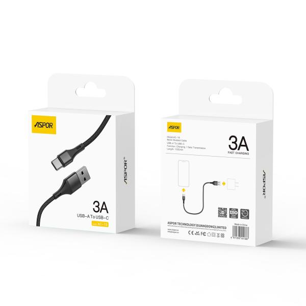 ASPOR AC-18 USB TO TYPE-C 3A SUPER FAST CHARGING NYLON BRAIDED CABLE 1M - Image 4