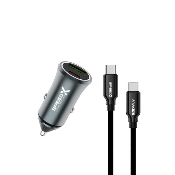 SPEED-X SX-C40 PRO 48W DUAL PORT FAST CAR CHARGER WITH USB-C to USB-C CABLE