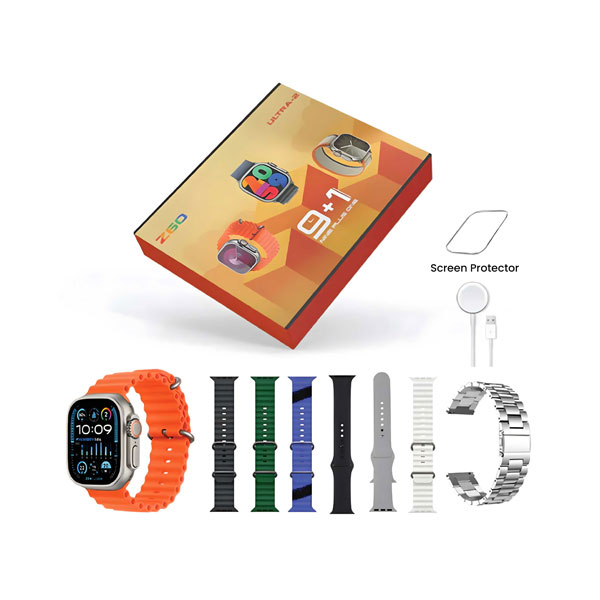 9+1 Z60 ULTRA-2 BIG IPS DISPLAY 49MM 8 STRAP+SCREEN PROTECTOR BT CALLING SMARTWATCH ALWAYS ON DISPLAY WITH FITPRO APP SILVER
